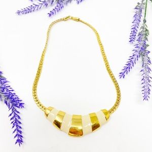 Vintage Napier Flat Chain Yellow Gold & Cream Enamel Statement Necklace